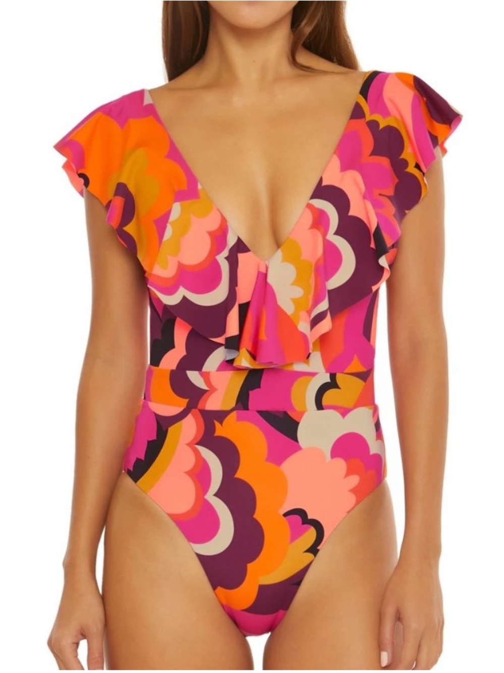 Trina Turk Fan Faire Ruffle Plunge One Piece Swimsuit Bathing Suit US 10 Retro